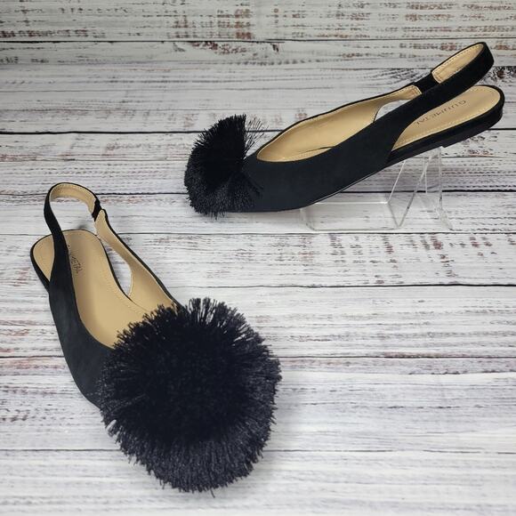 Gunmetal Samantha Pointed Toe Slingback Flats with Pom Pom Black Suede | 8.5 - Picture 1 of 10